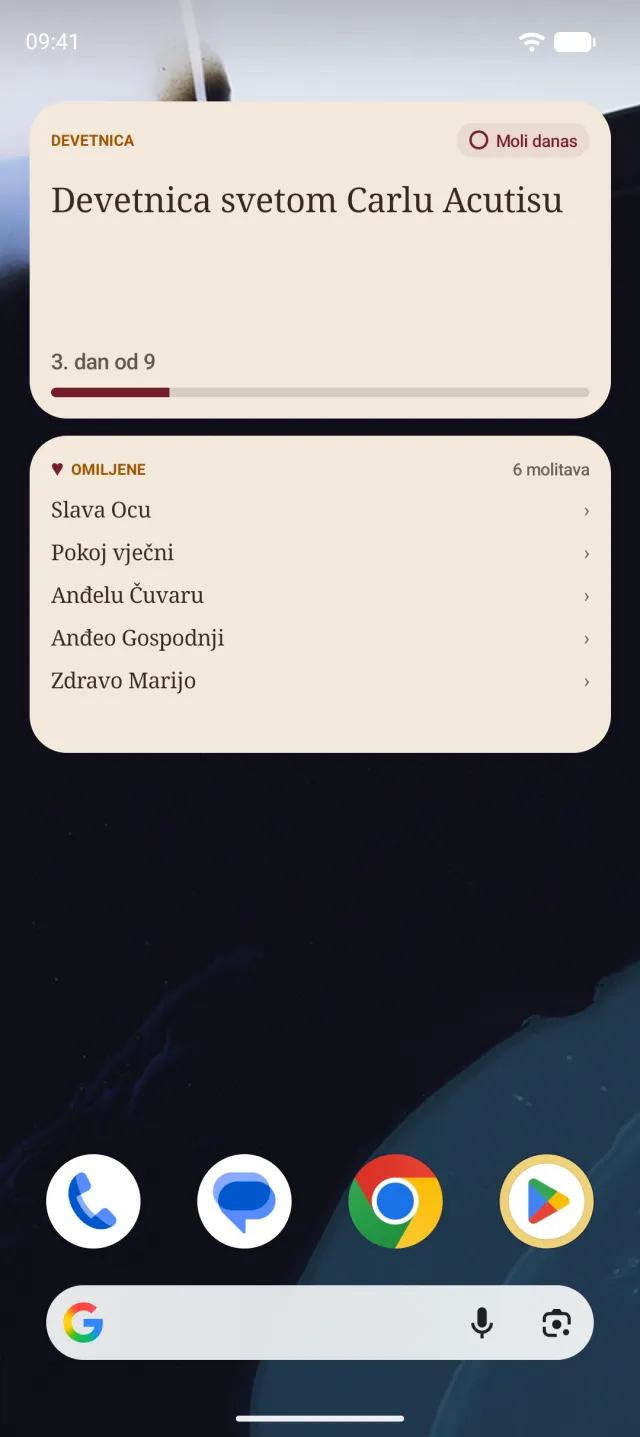 Widgeti Devetnica i Omiljene molitve na Android mobitelu