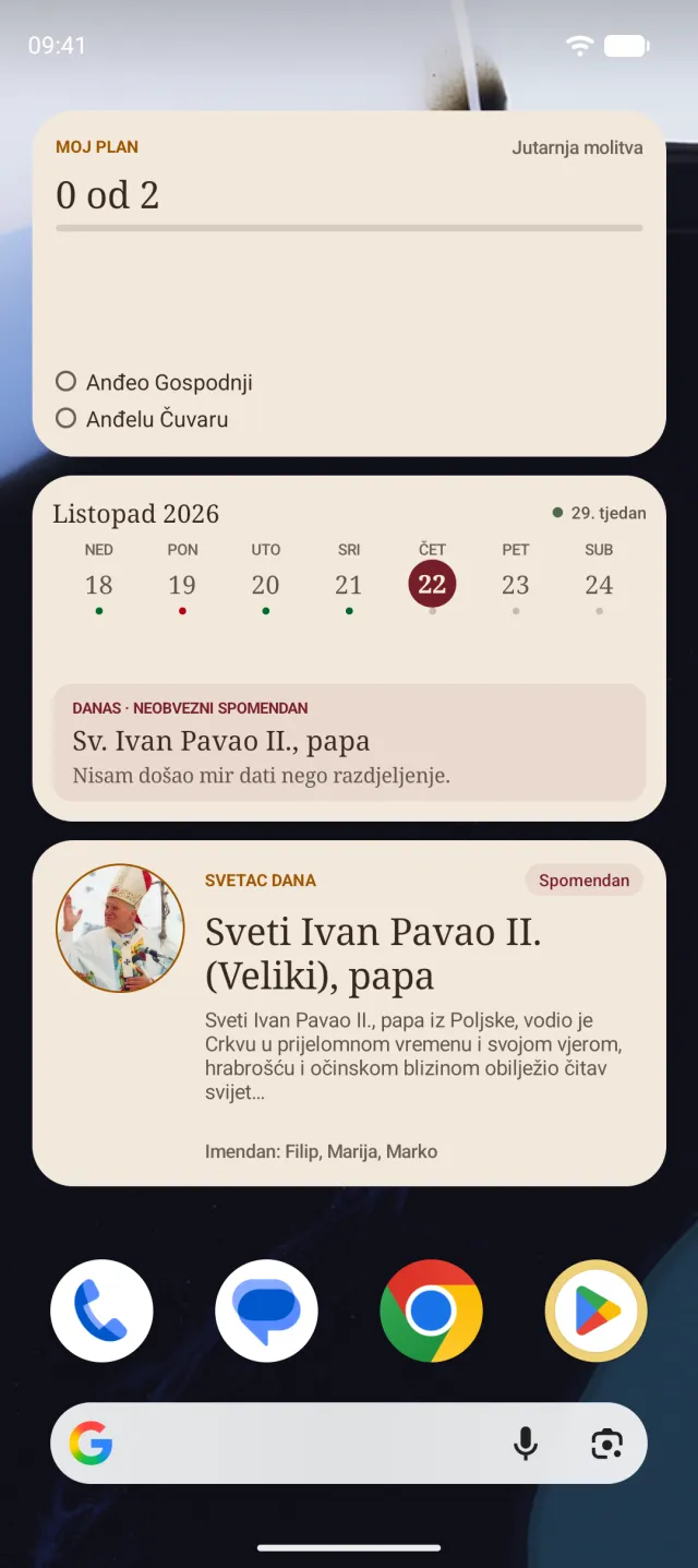 Widgeti Moj plan, Kalendar i Svetac dana na Android mobitelu